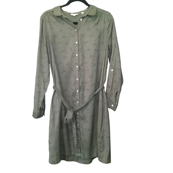 Fat Face Boho Button Down Shirt Dress Dragonfly Print Olive Green Size 8 - Picture 1 of 12